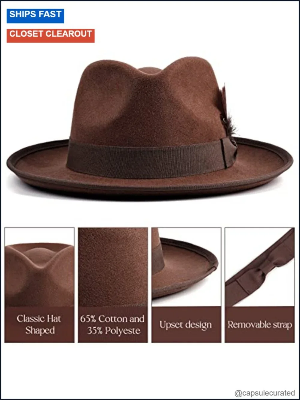 Wide Brim Fedora Hat with Removable Feathers, Adjustable Unisex